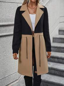 SHEIN LUNE 女款拼色羊毛夾克,腰部帶束繩設計 - 卡其色 - 查看 6