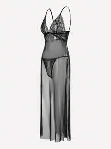 Classic Sexy Contrast Lace High Side Slit Sexy Lingerie Dress With Thong - Black - View 4