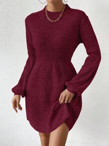 SHEIN Essnce Solid Color Ribbed Knit Sweater Dress - Burgundy - View 4