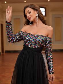 SHEIN Belle 女士閃亮亮鱗片人魚晚禮服,露肩設計,優雅的舞會禮服 - 黑色 - 查看 4