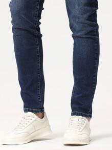 Manfinity Homme Men's Washed Slim-Fit Jeans, Plain Dark Blue Slim Fit Long Dark Wash Jeans Washed Cargo Jeans, For Husband, Boyfriend Gifts - Dark Wash - View 3