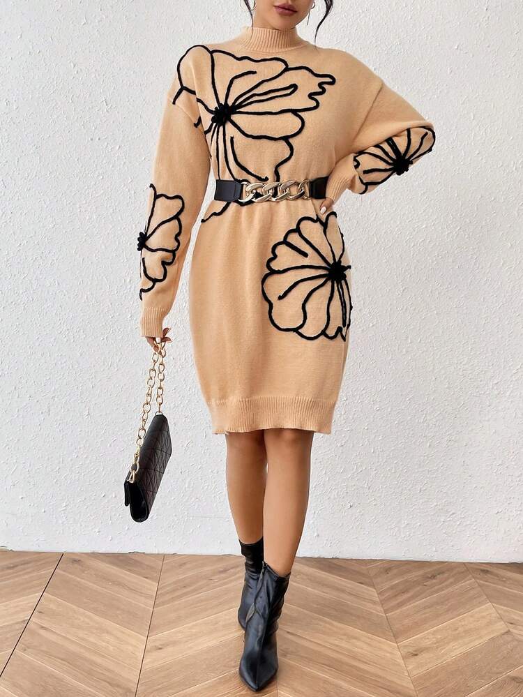 Women's Floral Pattern Half Turtleneck Sweater Dress