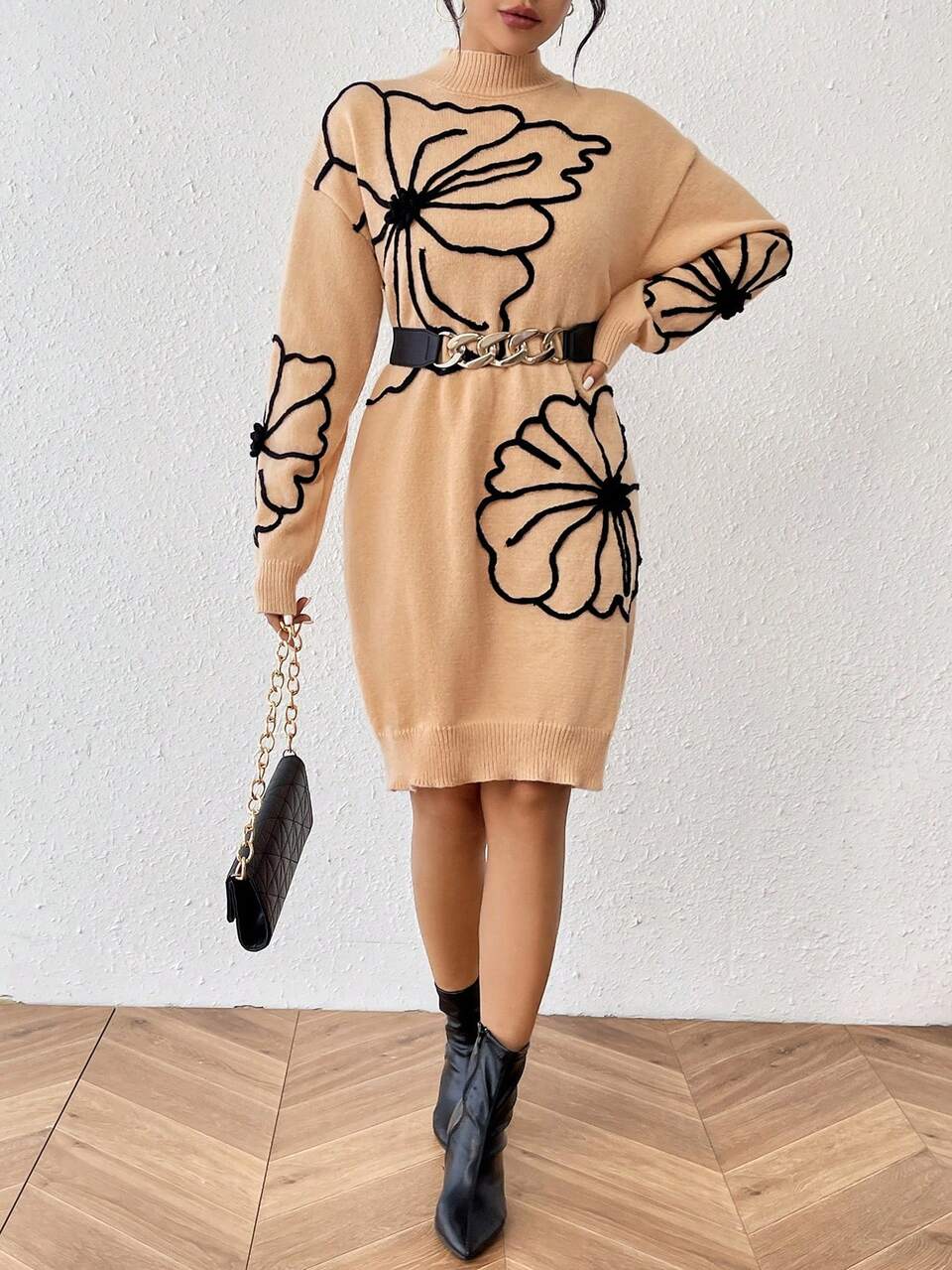 Women's Floral Pattern Half Turtleneck Sweater Dress