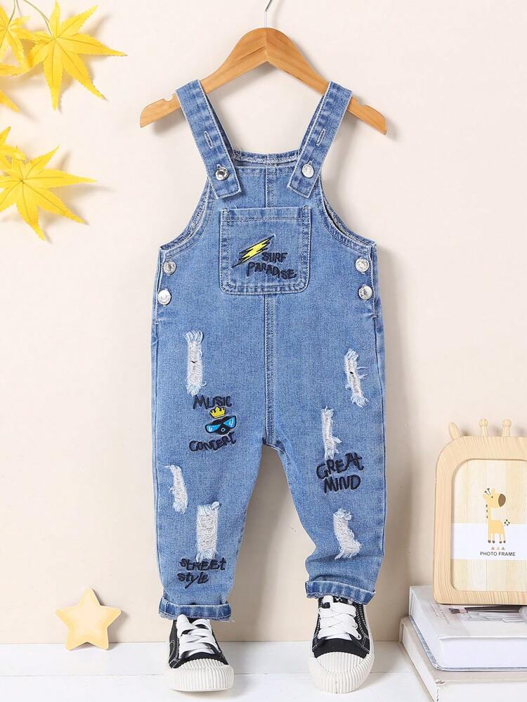 Baby Boy Denim Overalls With Letter Embroidery & Distressed Details