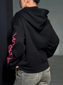 SHEIN Unity 女性圖案落肩袖連帽衫 - 黑色 - 查看 3