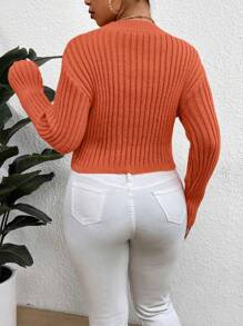 Maweii Suéter asimétrico de punto acanalado sólido con cuello redondo y bajo asimétrico para mujer de talla grande - Naranja - Ver 2