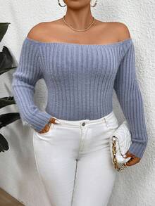 SHEIN Clasi 女士加大码露肩针织套头毛衣秋冬毛衣 - 藍色 - 查看 4