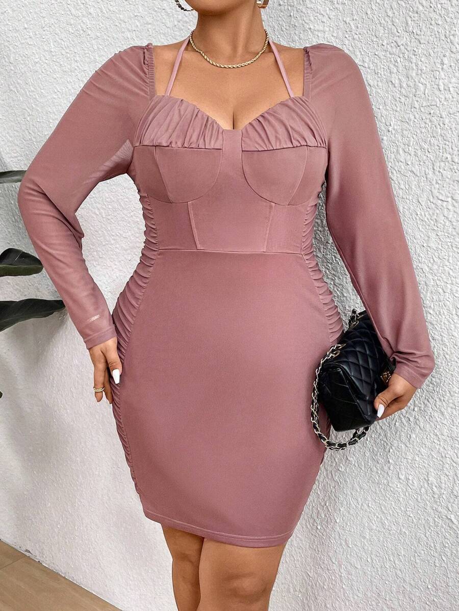 Allurite Của phụ nữ Kích thước lớn Xếp li Halter Neck Đầm - Màu nâu Mocha - Xem 1