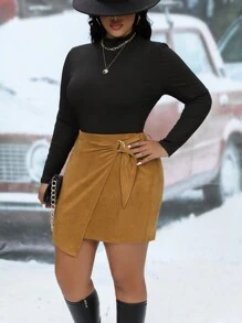 Calvaya Plus High Waist Wrap Knot Side Skirt - Khaki - View 6