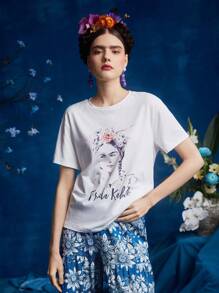 FURNANDA Frida Kahlo X SHEIN X Designer Figure Graphic Drop Shoulder Tee - White - View 4