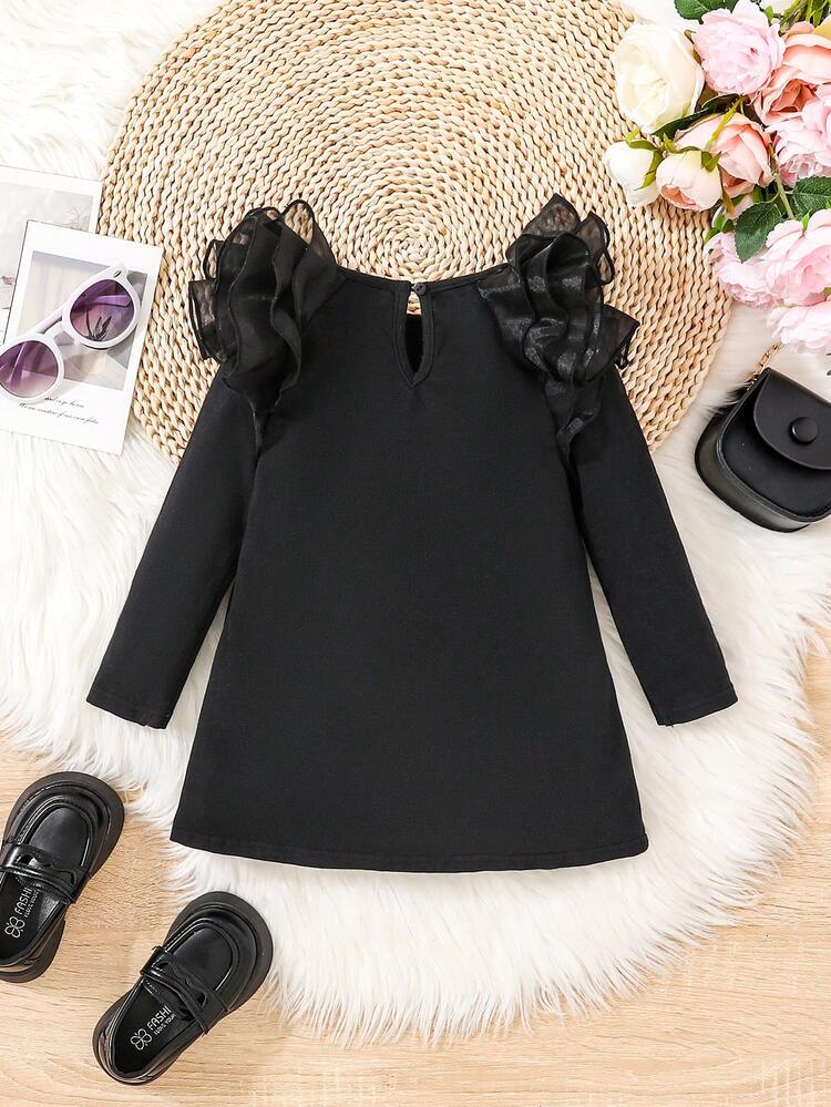 Baby Girls' Cute Cat Pattern Short Flutter Sleeve Long Sleeve Dress