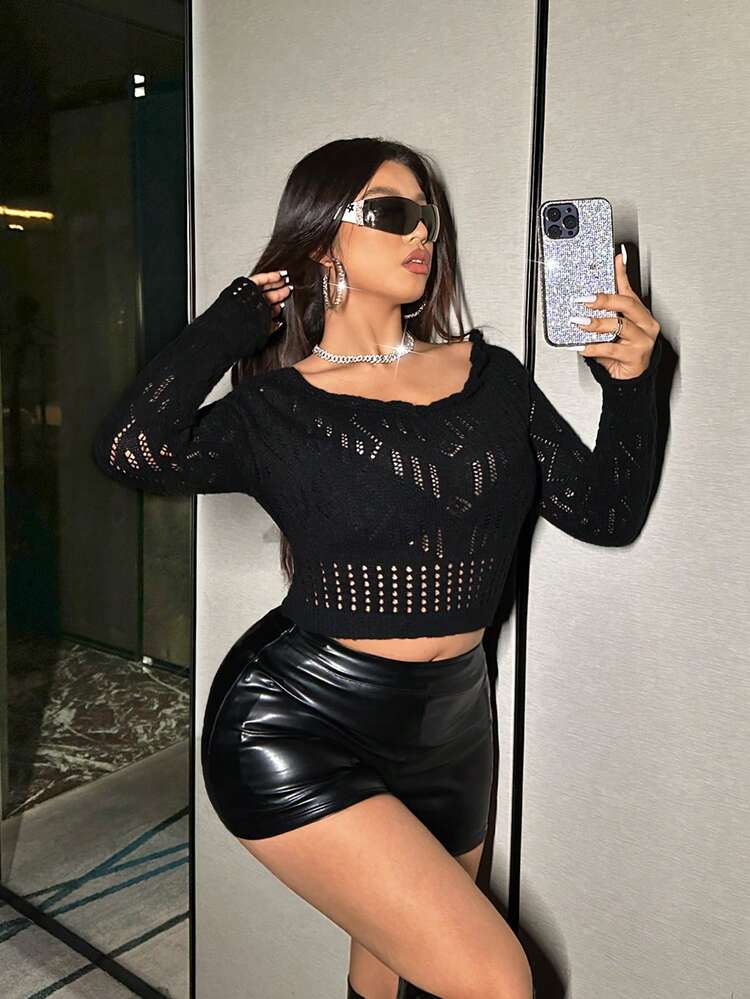Plus Size Mesh Knitted Pullover Sweater
