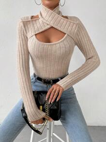 Chiquease Crisscross Cut Out Front Sweater Knit Pullover Fall Winter Outfit - Khaki - View 5