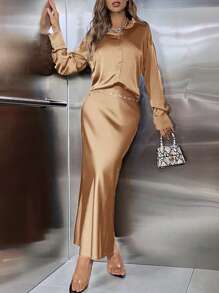 SHEIN Privé unicolor con botón delantero Camisa & Falda - Champán - Ver 5