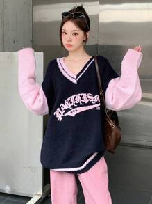 Dazy Star Suéter amplio con estampado de letra de hombros caídos - Multicolor - Ver 5