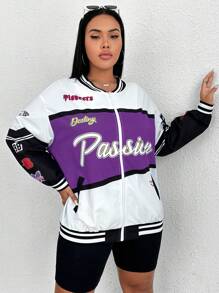 SHEIN Coolane 大碼字母圖案落肩袖飛行員夾克 - 紫色 - 查看 4