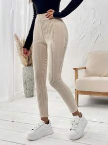 SHEIN LUNE 素色高腰緊身打底褲 - 杏色 - 查看 4