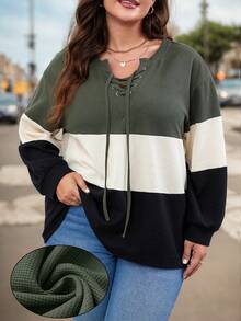 SHEIN LUNE Hơn Khối màu Lace lên phía trước Áo thun Thả vai - màu đen - Xem 5