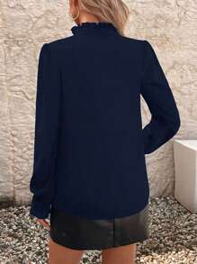 SHEIN Clasi 優雅短袖衫,飄逸袖口和v領 - 藏蓝色 - 查看 2