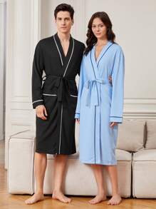 Women's One-piece Home Service Bathrobe With Contrast Trim And Waistband - Blue - View 1