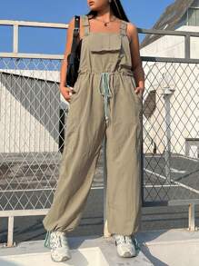 SHEIN EZwear Talla grande Mono overol de cintura con cordón con bolsillo con solapa sin top tubo - Verde militar - Ver 1