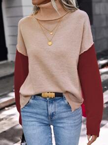 SHEIN LUNE 撞色高领开衩下摆针织套头衫，秋冬款 - 彩色 - 查看 4