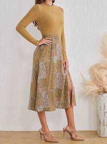 SHEIN Frenchy Rib-knit Tee & Ditsy Floral Split Thigh Skirt - Khaki - View 5