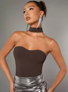 SHEIN BAE Solid Halter Neck Bodysuit,Valentine's Day,Valentine Outfits For Women - Coffee Brown - View 3