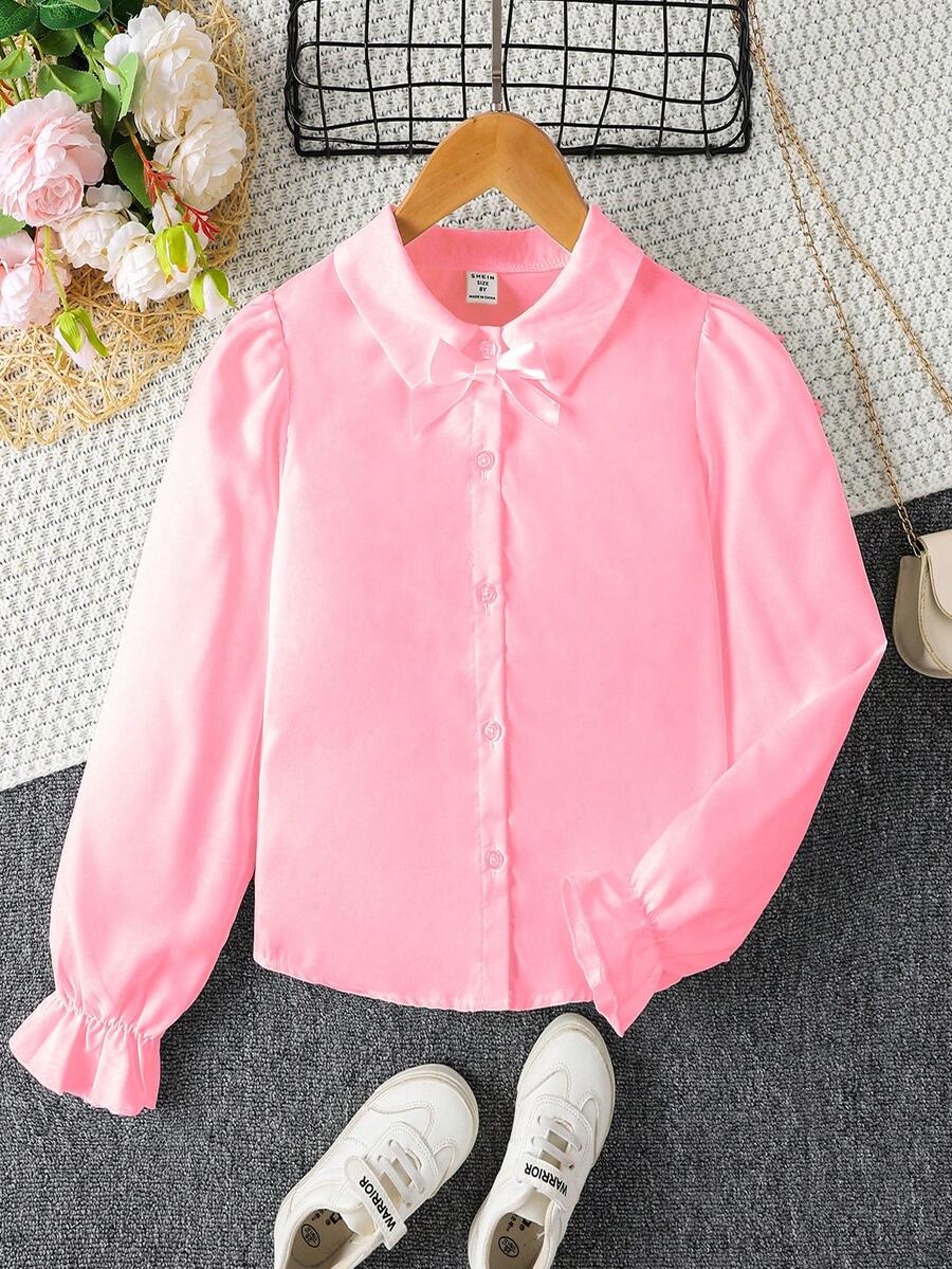 SHEIN 女孩可愛泡泡袖襯衫帶蝴蝶結翻領適用於大兒童,多用途風格 - 粉色 - 查看 1