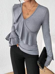 SHEIN Privé Women's Long Sleeve Ruffle Hem Design T-shirt - Dark Grey - View 4