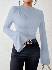 Chiquease Solid Color Flare Sleeve T-Shirt Fall Cloth For Women - Baby Blue - View 6