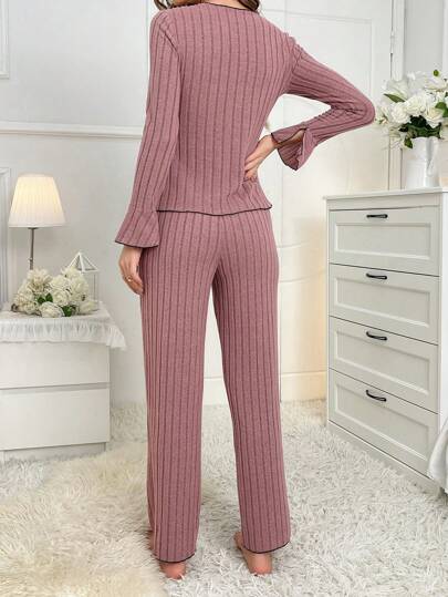 Roze Rib Knit Neck Button Front Pajama Set Cozy Elegante s, Fall Clothes view 2