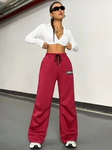 SHEIN Unity Quần thêu chữ thắt lưng có dây rút lông cừu thông thường - Màu Đỏ Sâu - Xem 5