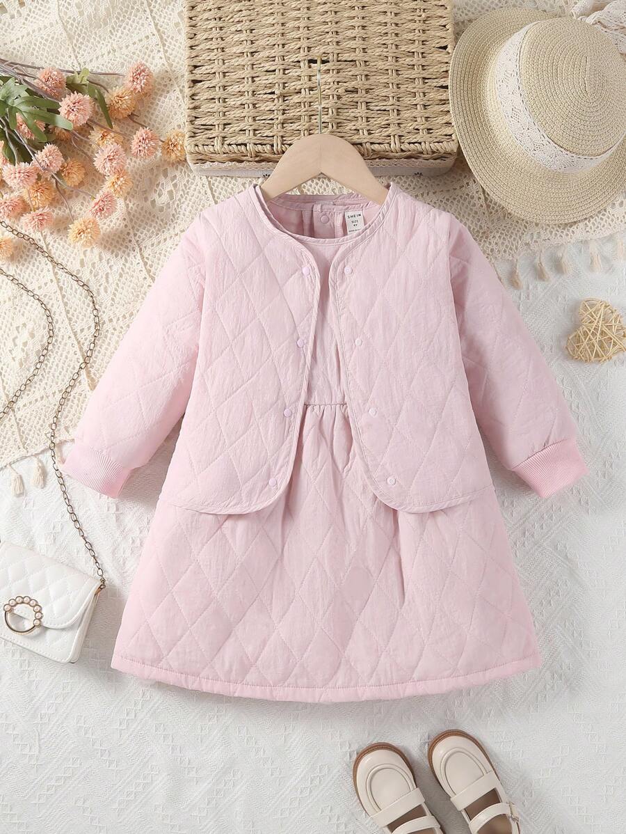 SHEIN Bé gái 2 Miếng Dễ thương Hàn Quốc Phong cách Đối với Mùa thu Và Mùa Đông - Hồng - Xem 1