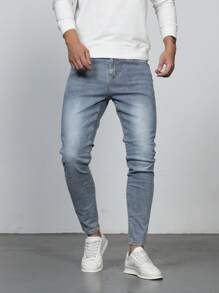 Manfinity Homme Men Cotton Bleach Wash Skinny Jeans Slim Fit Long Acid Dark Jean Cargo Plain Blue Work Business Casual Husband - Light Wash - View 3