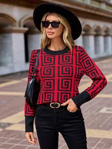 SHEIN Clasi 女性幾何樣式套頭毛衣 - 紅色 - 查看 6