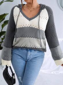 SHEIN LUNE Áo len cỡ lớn phối màu, khoét lỗ, có mũ, dây rút, kiểu dáng chui đầu, thích hợp cho mùa thu đông. - Xám - Xem 4