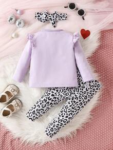 嬰兒女孩可愛圖案長袖T恤和豹紋印花緊身打底褲套裝