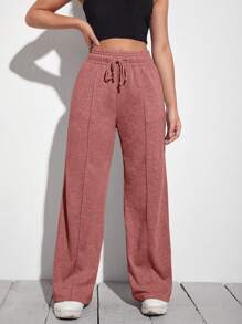 SHEIN EZwear 腰部抽繩闊腿褲 - 藕粉色 - 查看 1