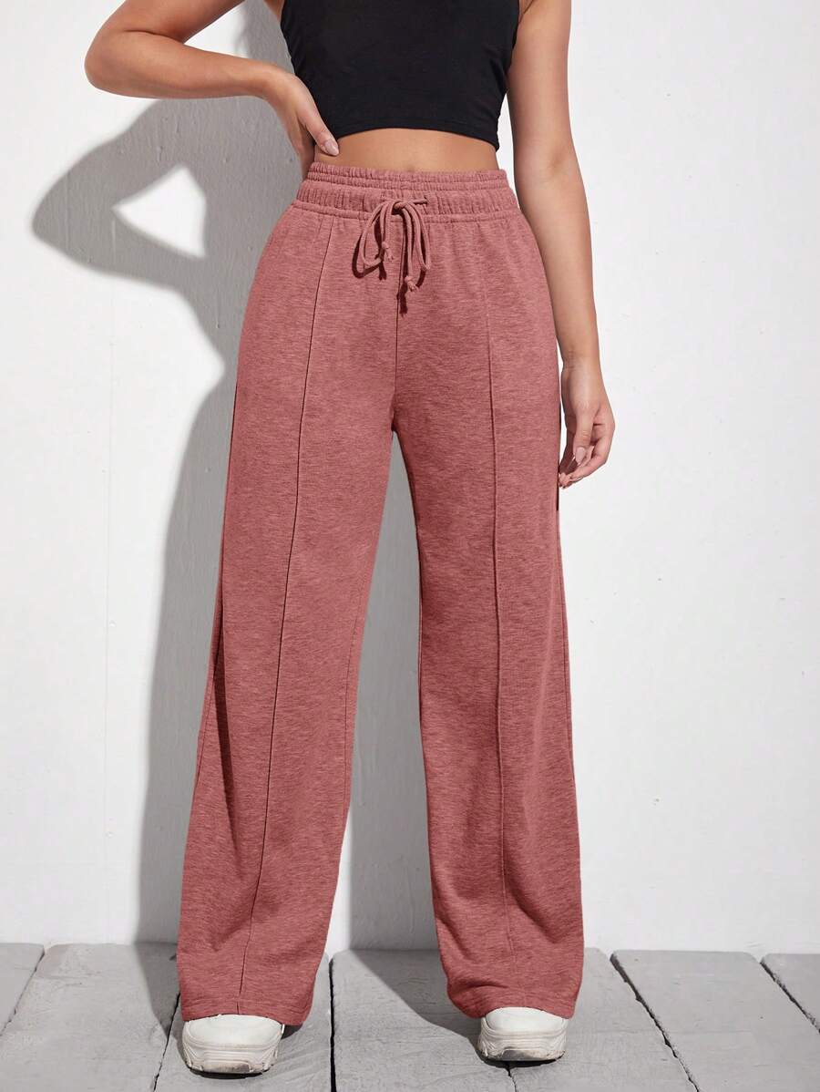 SHEIN EZwear 腰部抽繩闊腿褲 - 藕粉色 - 查看 1