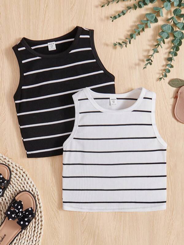 Tween Girl 2pcs/Set Knitted Black & White Striped Loose Fit Sleeveless Top