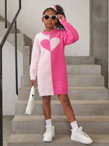 SHEIN 女大童愛心圖案雙色落肩袖毛衣洋裝 - 玫紅色 - 查看 1
