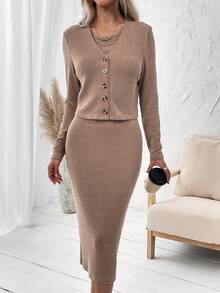 SHEIN LUNE Solid Button Front Coat & Dress - Khaki - View 6