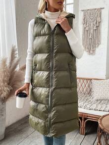 SHEIN LUNE 女士连帽加厚背心加厚加厚外套衣服冬季 - 軍綠色 - 查看 4