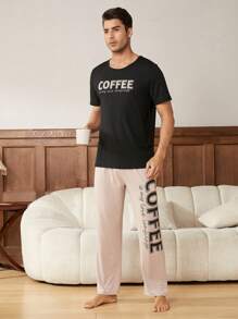 English Print Men's Short Sleeve And Long Pants Set - Black - View 2