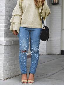 Jeans Pitillo Rasgados Con Cuentas De Perlas - Azul lavado medio - Ver 4