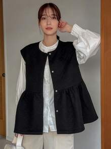 FRIFUL Women's Sleeveless Jacket With Ruffled Hem Vest - Black - View 4