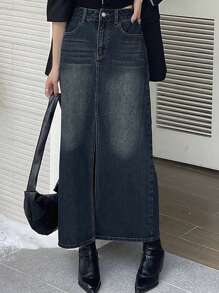 DAZY 女士常规腰围宽松直筒长裙，带开衩，休闲牛仔中长裙 - 深色水洗藍 - 查看 3