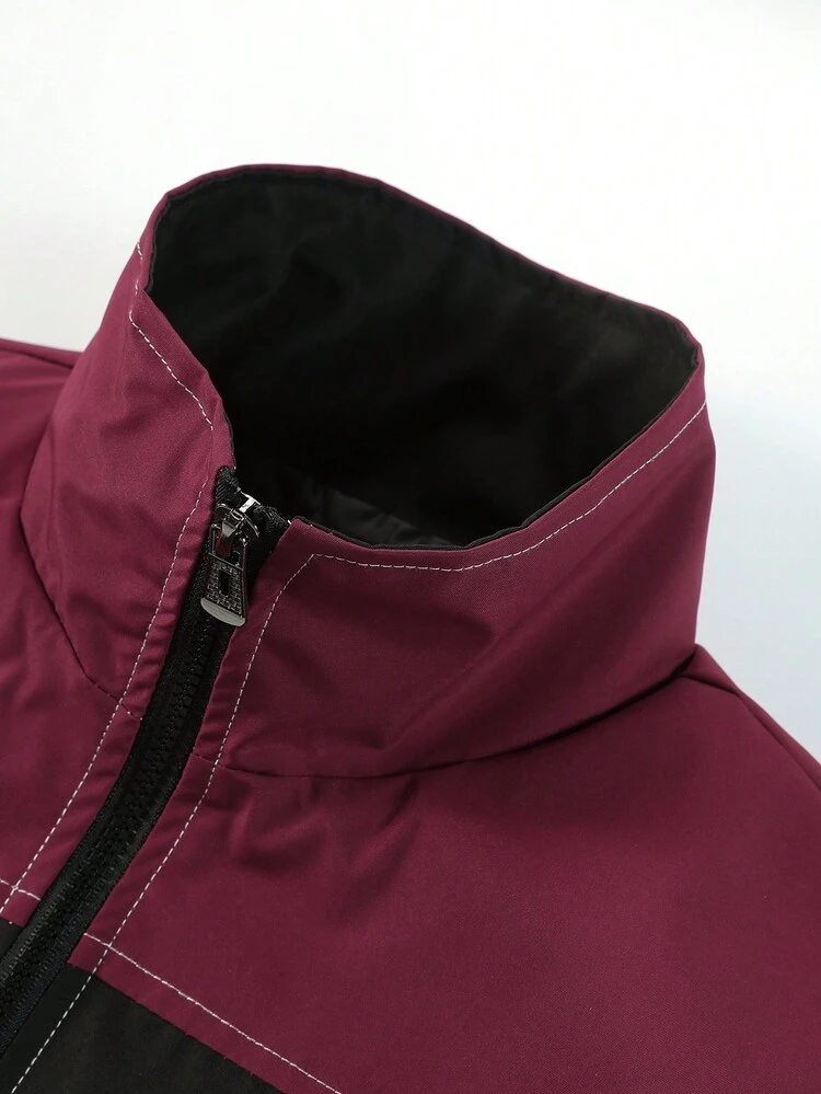 Men's Loose Fit Letter Embroidery Colorblock Zipper Jacket