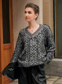 Anewsta Cable Knit Drop Shoulder Sweater - Black - View 3